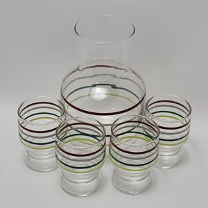 Vintage Libby Mid Century Striped Juice Carafe Decanter With 4 Glasses Piece 5pc